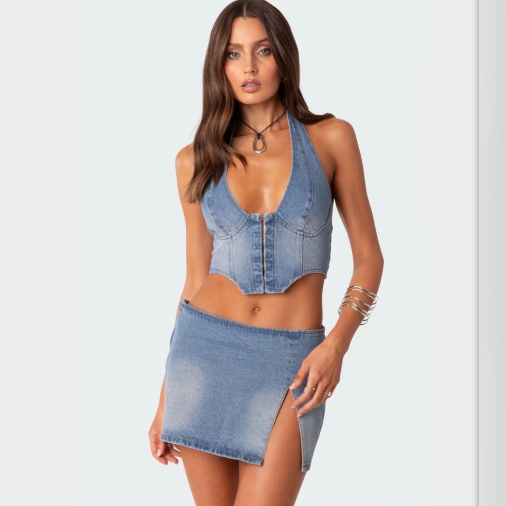 Katrina Lace Up Denim Corset & Skirt